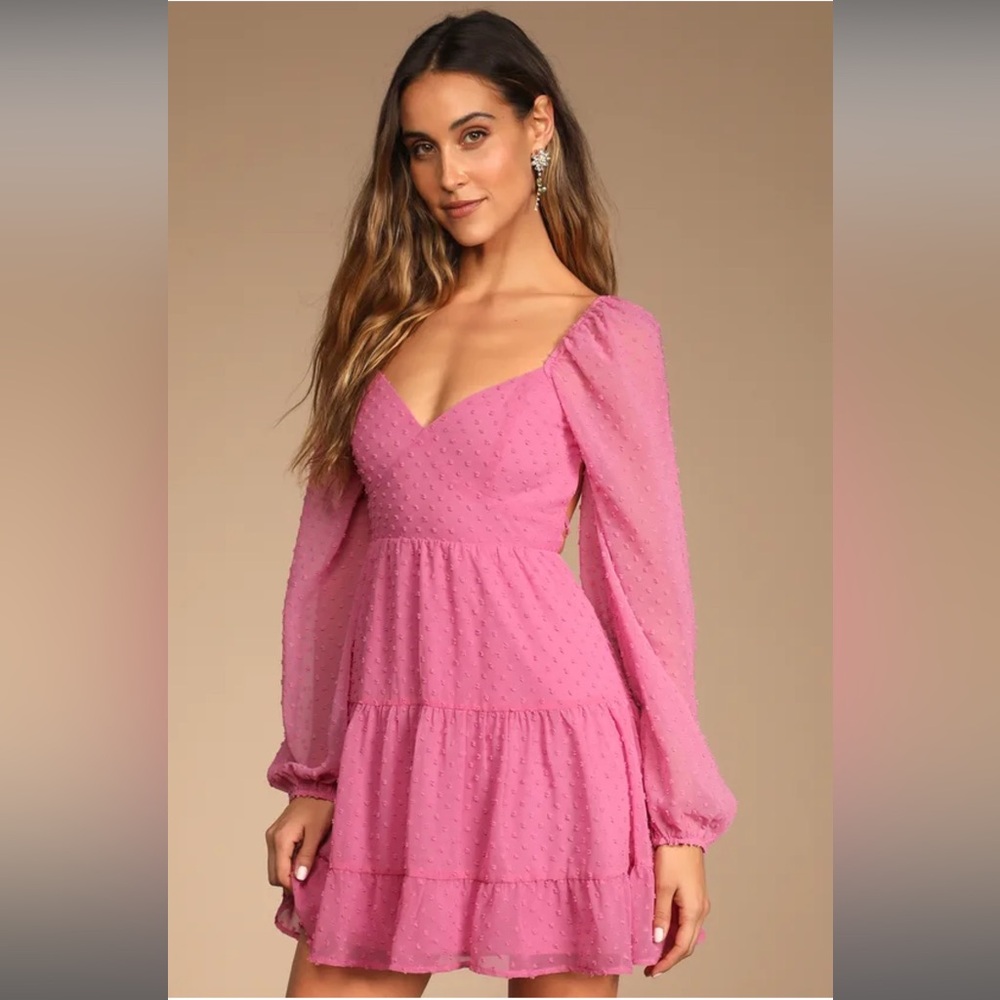 Lulu's Longing And Love Pink Swiss Dot Puff Long Sleeve Mini Dress